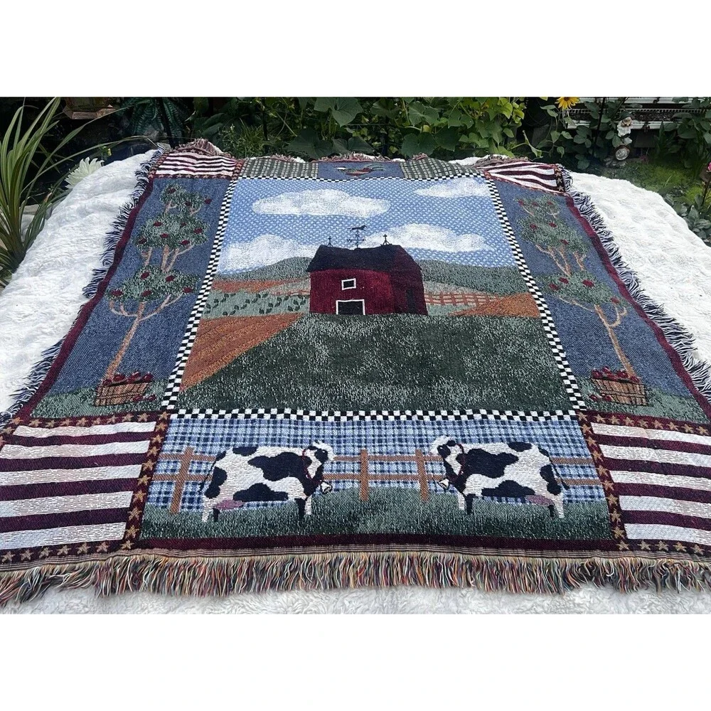 Farmhouse Woven Throw Blanket Red Barn Cows Rooster Americana Fringe 56x48